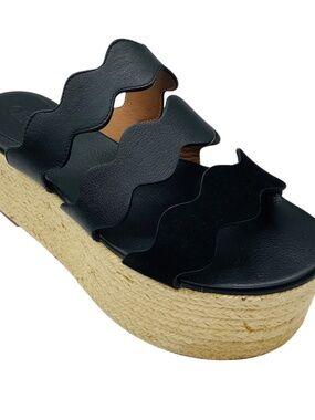 CHLOE BLACK / NATURAL LEATHER ESPADRILLE PLATFORM SANDALS